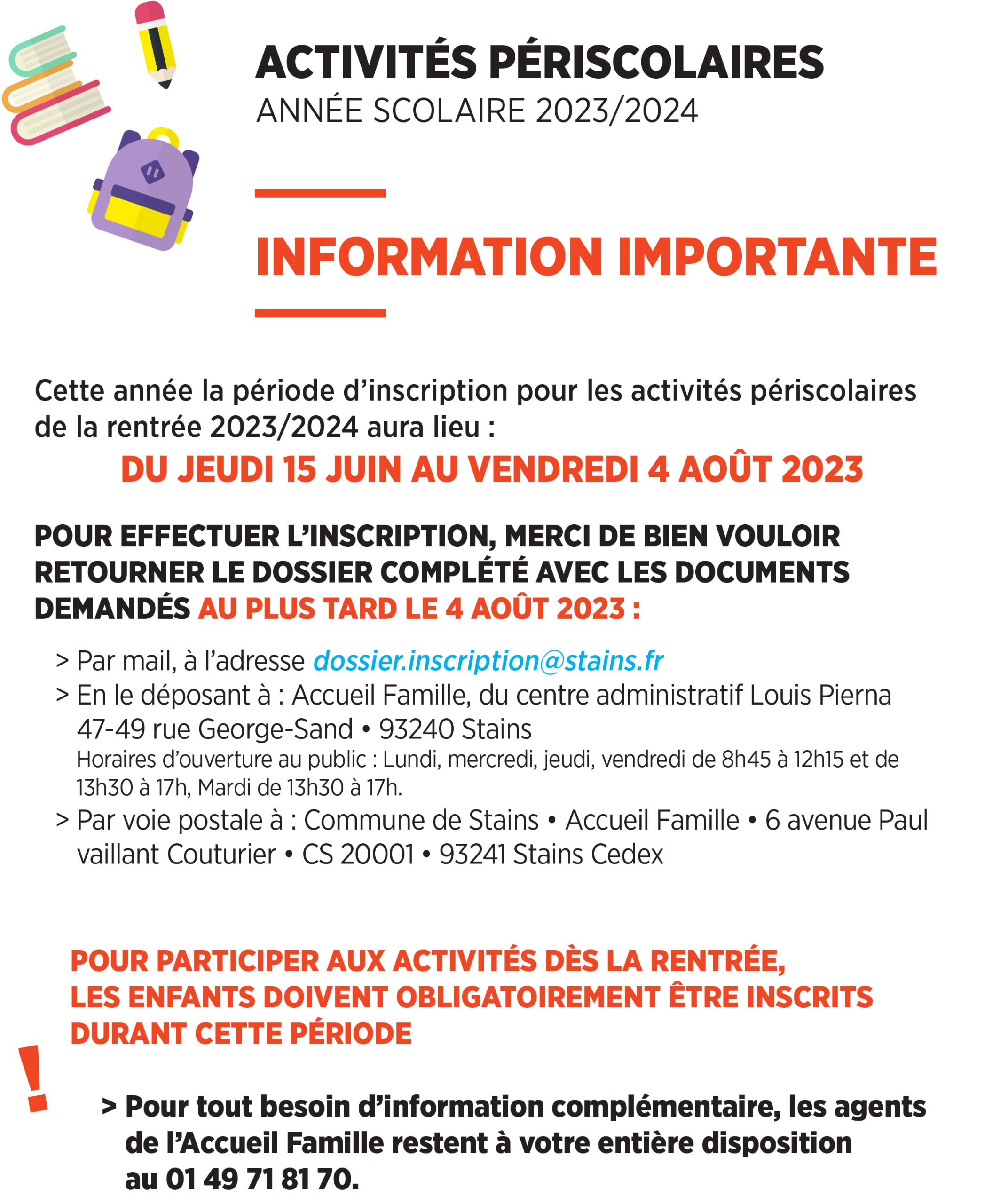 dossier de pré-inscription aux activités périscolaires 2023/2024